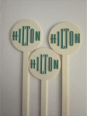 Vintage Hilton Drink Stirrers Swizzle Sticks Teal And White Three